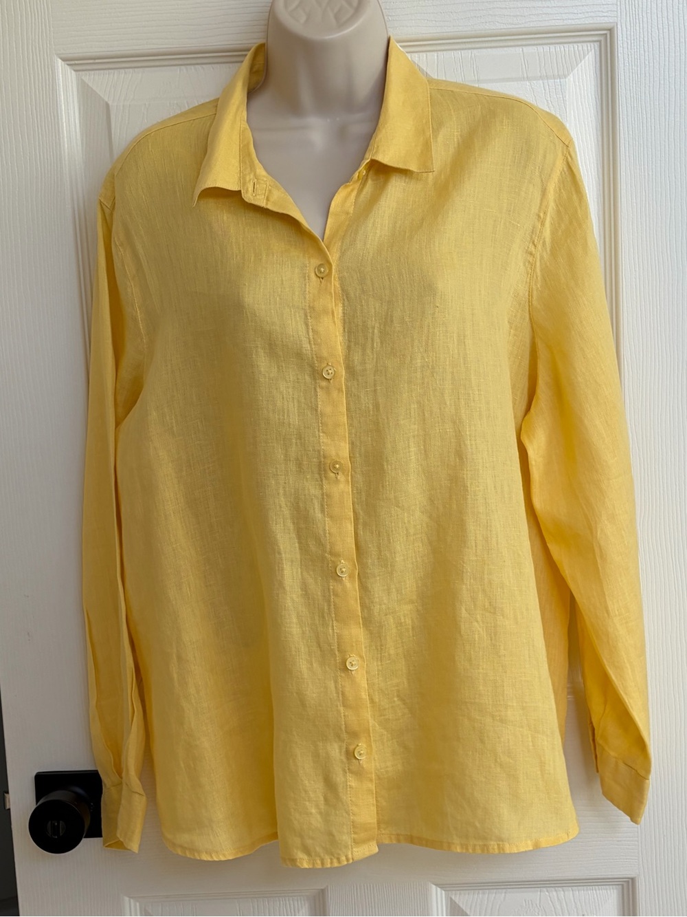 Kim Rogers 100% Linen Button-Up Shirt Yellow Casual Comfy Coastal Grandma Sz PL